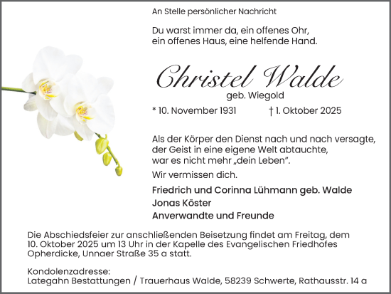 Traueranzeige von Christel Walde von Ruhr Nachrichten