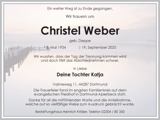 Traueranzeige von Christel Weber von Ruhr Nachrichten