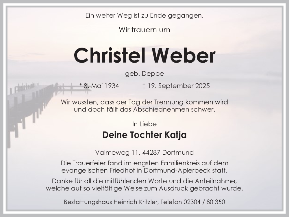  Traueranzeige für Christel Weber vom 11.10.2025 aus Ruhr Nachrichten