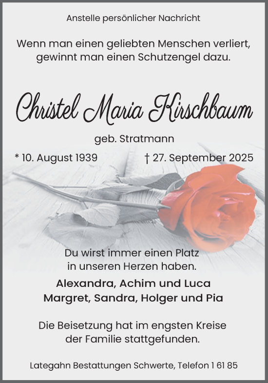Traueranzeige von Christel Maria Kirschbaum von Ruhr Nachrichten