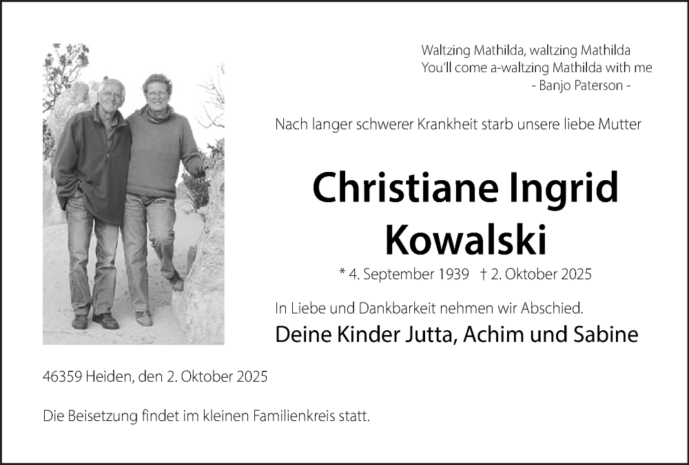  Traueranzeige für Christiane Ingrid Kowalski vom 09.10.2025 aus Ruhr Nachrichten und Dorstener Zeitung
