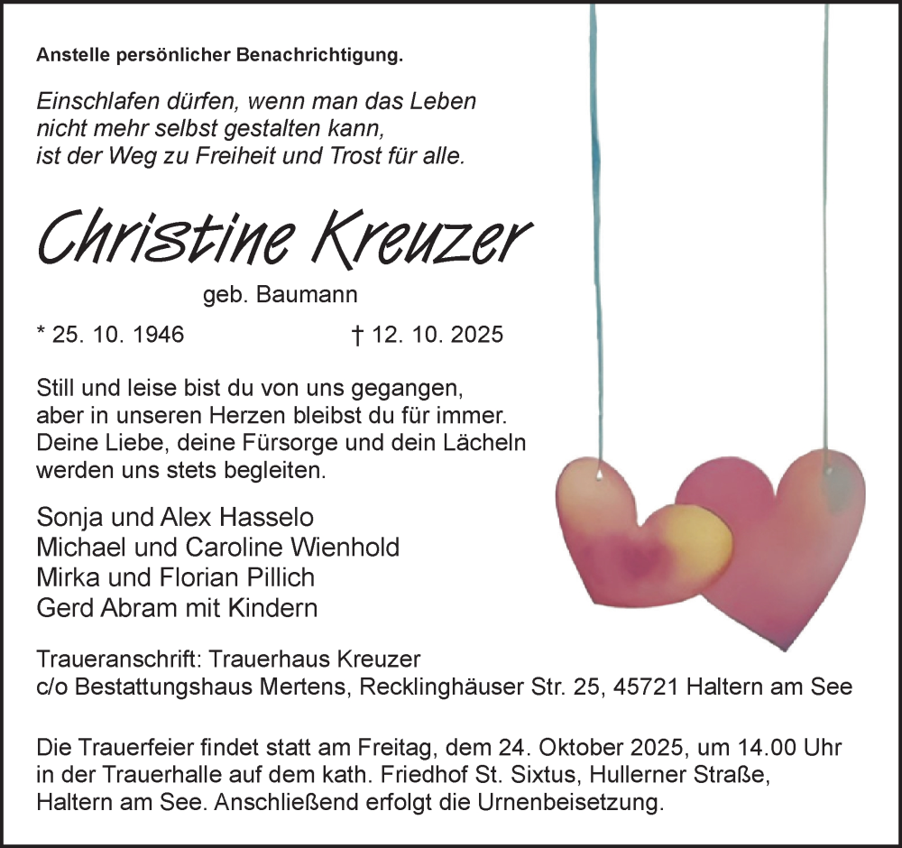  Traueranzeige für Christine Kreuzer vom 18.10.2025 aus Ruhr Nachrichten und Halterner Zeitung
