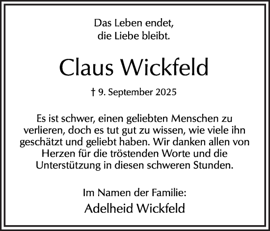 Traueranzeige von Claus Wickfeld von Hellweger Anzeiger