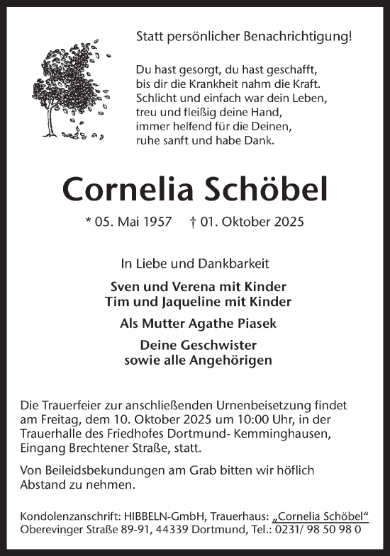 Traueranzeige von Cornelia Schöbel von Ruhr Nachrichten
