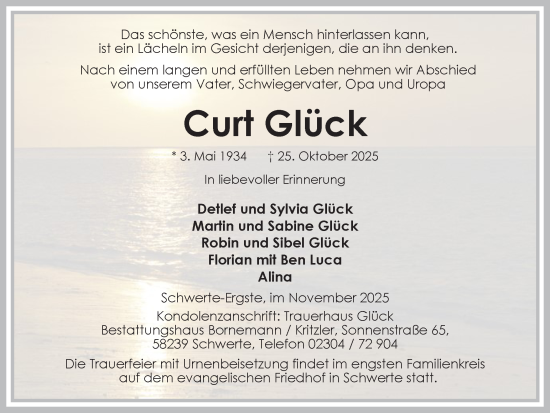 Traueranzeige von Curt Glück von Ruhr Nachrichten