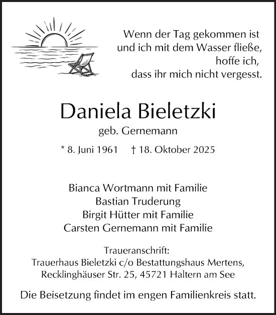Traueranzeige von Daniela Bieletzki von Ruhr Nachrichten und Halterner Zeitung