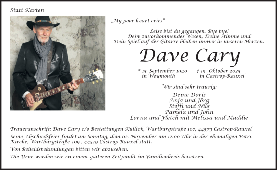 Traueranzeige von Dave Cary von Stadtanzeiger Castrop-Rauxel