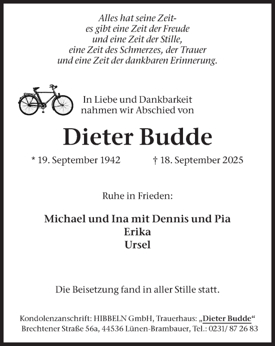 Traueranzeige von Dieter Budde von Lüner Anzeiger