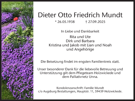 Traueranzeige von Dieter Otto Friedrich Mundt von Hellweger Anzeiger