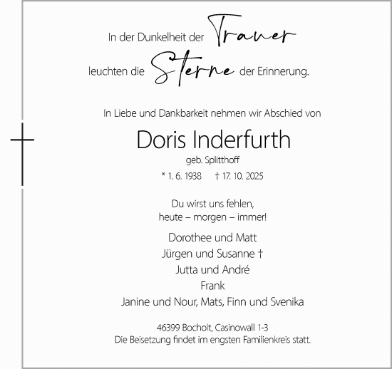Traueranzeige von Doris Inderfurth 