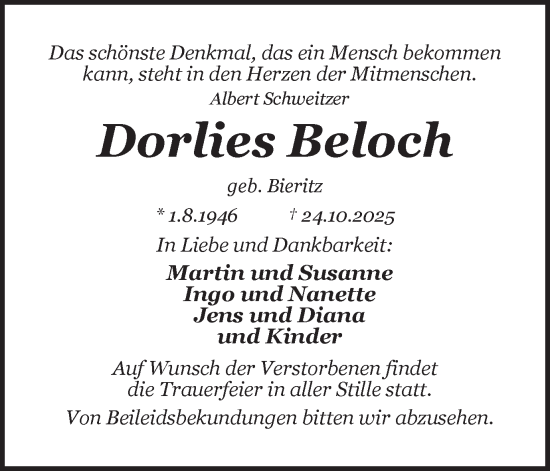 Traueranzeige von Dorlies Beloch von Ruhr Nachrichten