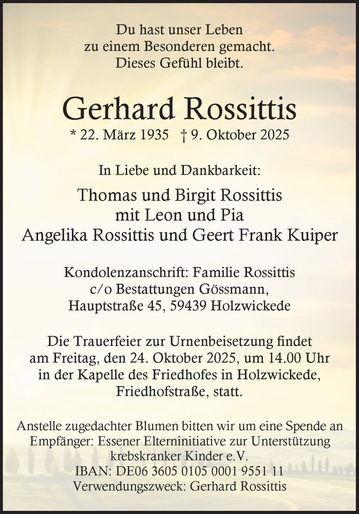  Traueranzeige für Gerhard Rossittis vom 18.10.2026 aus Hellweger Anzeiger