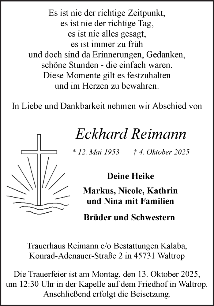  Traueranzeige für Eckhard Reimann vom 08.10.2025 aus Trauer Vest