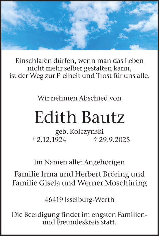 Traueranzeige von Edith Bautz 