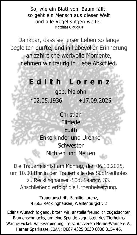 Traueranzeige von Edith Lorenz von Trauer Vest
