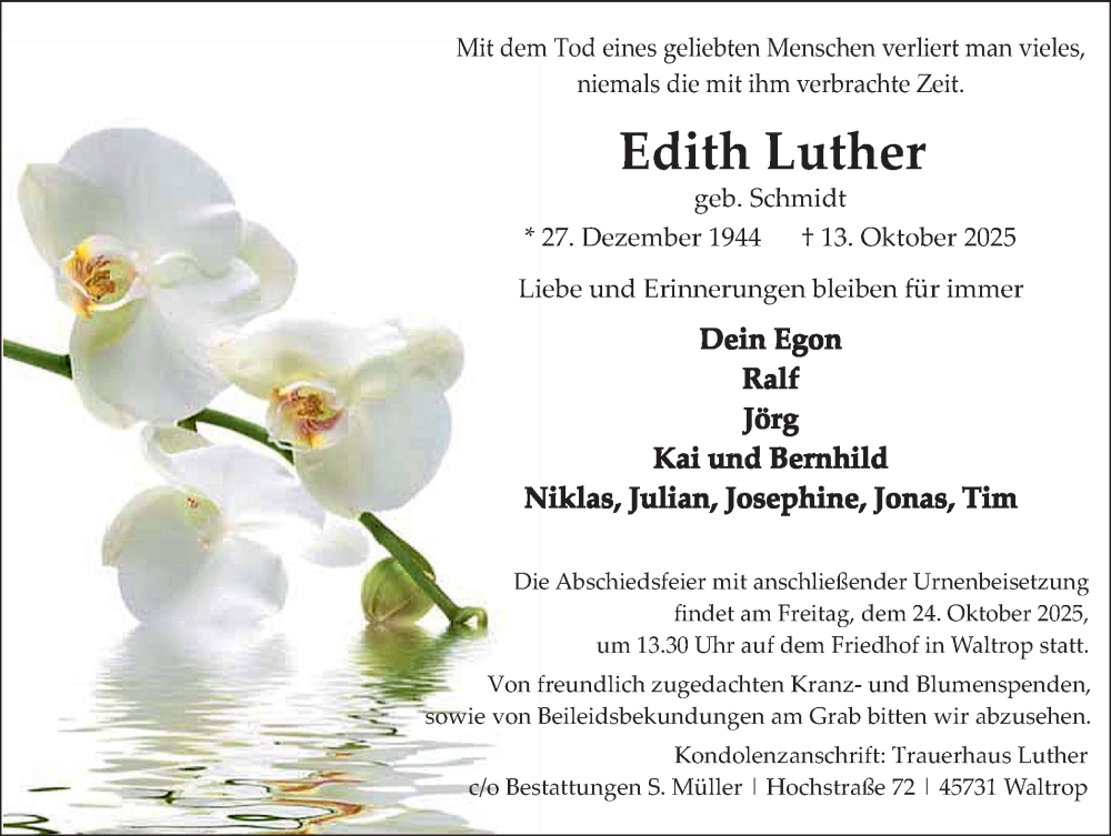  Traueranzeige für Edith Luther vom 18.10.2025 aus Trauer Vest