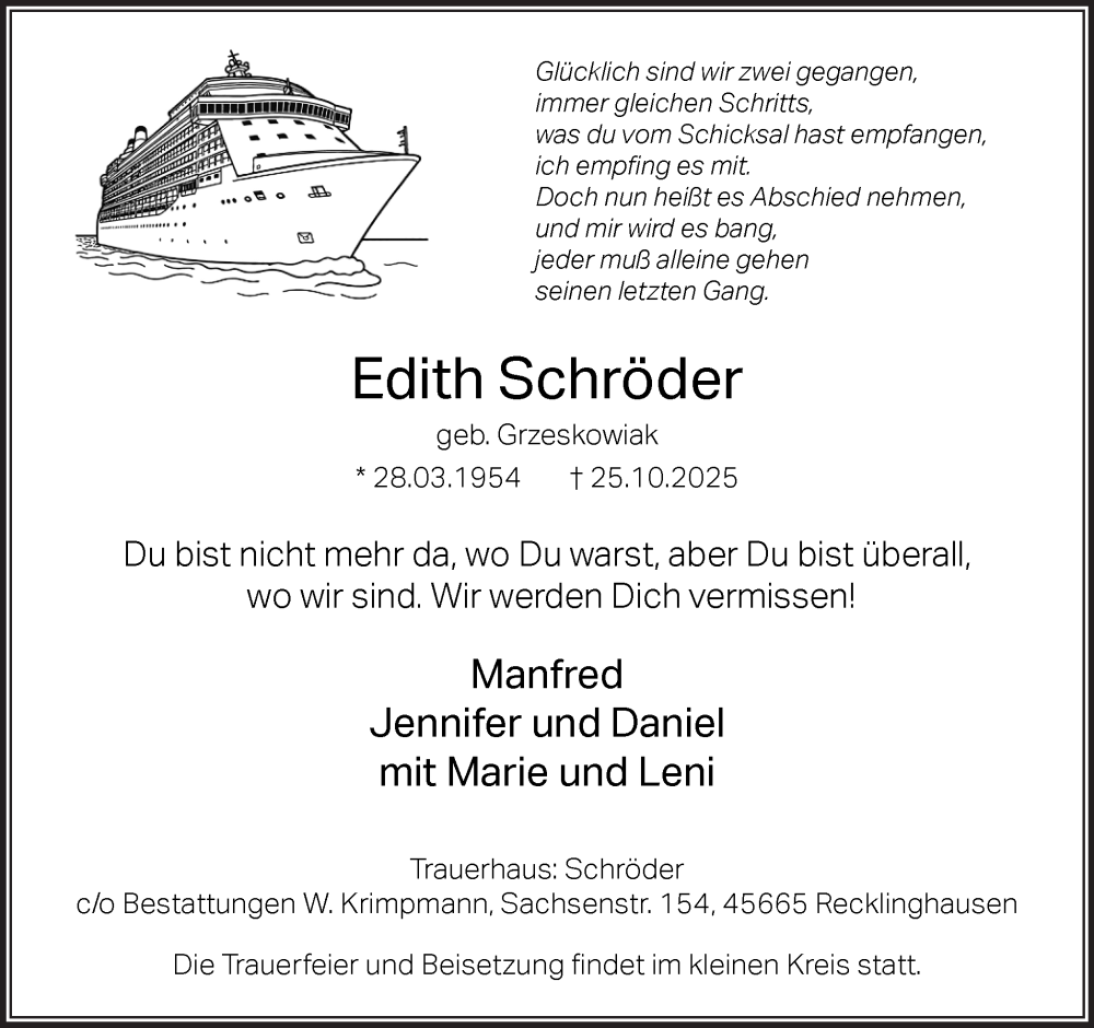  Traueranzeige für Edith Schröder vom 01.11.2025 aus Trauer Vest
