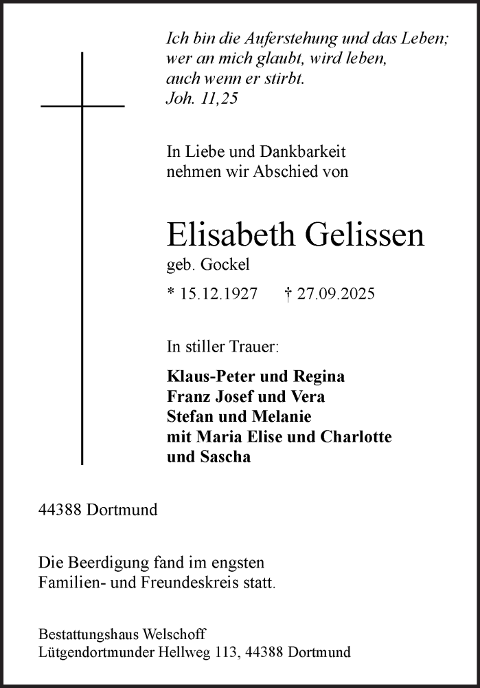  Traueranzeige für Elisabeth Gelissen vom 04.10.2025 aus Ruhr Nachrichten