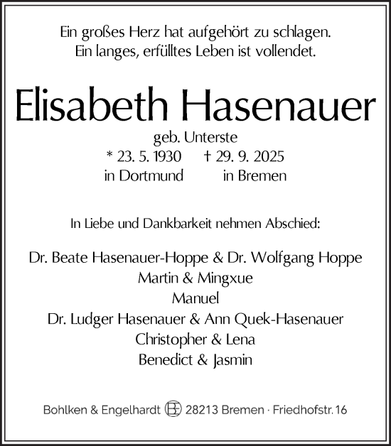 Traueranzeige von Elisabeth Hasenauer von Ruhr Nachrichten