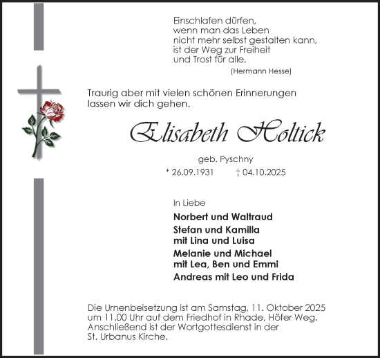 Traueranzeige von Elisabeth Holtick von Ruhr Nachrichten und Dorstener Zeitung
