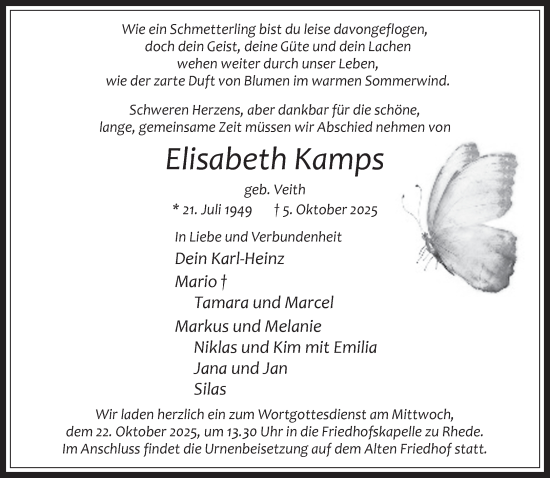 Traueranzeige von Elisabeth Kamps 