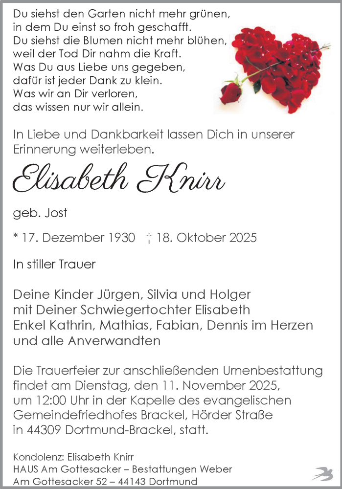  Traueranzeige für Elisabeth Knirr vom 25.10.2025 aus Ruhr Nachrichten