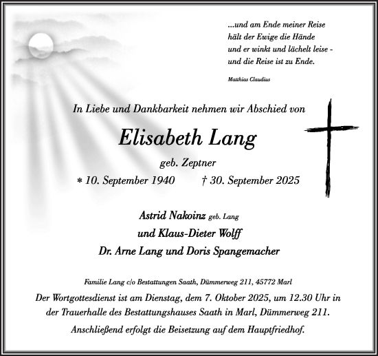 Traueranzeige von Elisabeth Lang von Trauer Vest