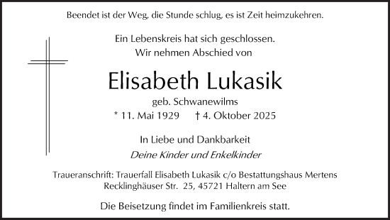 Traueranzeige von Elisabeth Lukasik von Trauer Vest