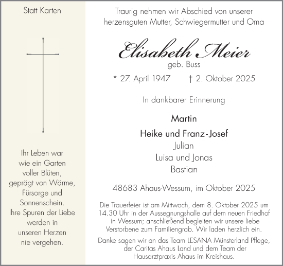 Traueranzeige von Elisabeth Meier von Münsterland Zeitung