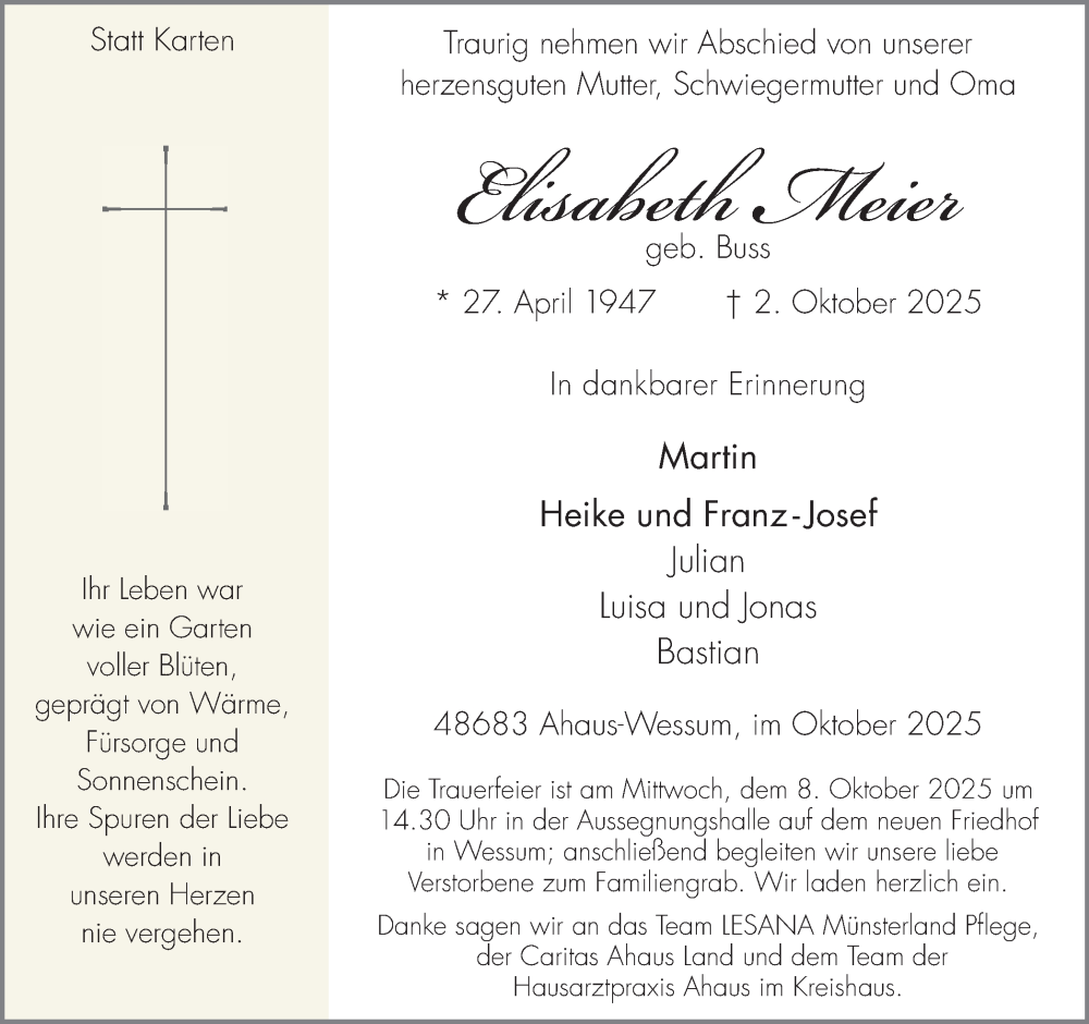  Traueranzeige für Elisabeth Meier vom 07.10.2025 aus Münsterland Zeitung