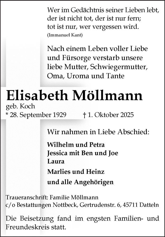  Traueranzeige für Elisabeth Möllmann vom 15.10.2025 aus Trauer Vest