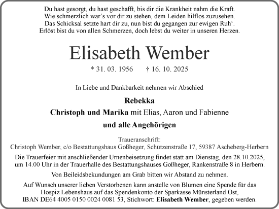 Traueranzeige von Elisabeth Wember von Ruhr Nachrichten