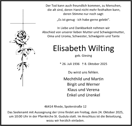 Traueranzeige von Elisabeth Wilting 