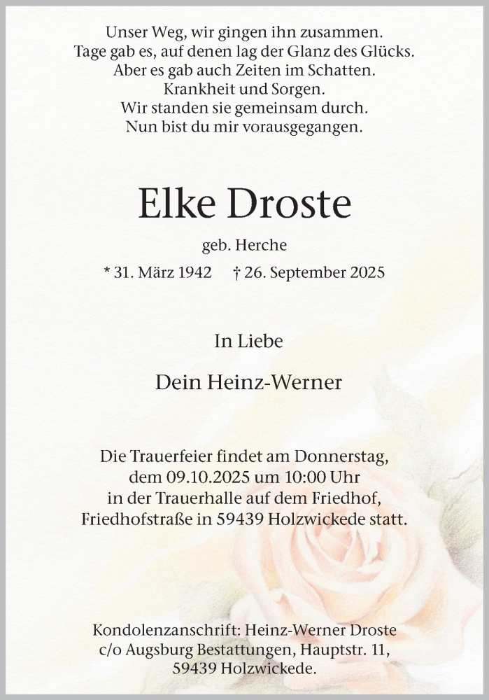  Traueranzeige für Elke Droste vom 04.10.2025 aus Ruhr Nachrichten