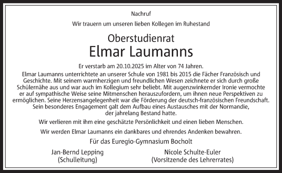 Traueranzeige von Elmar Laumanns 