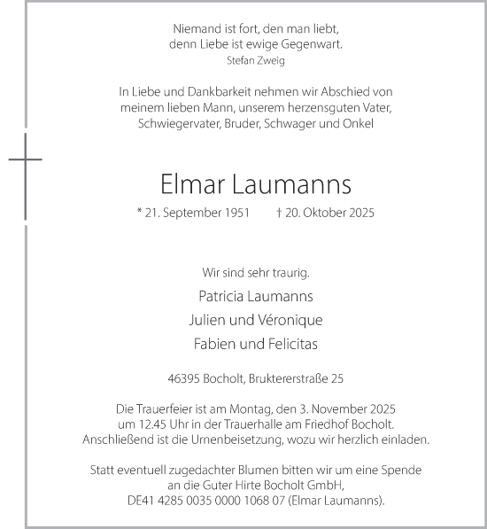 Traueranzeige von Elmar Laumanns 