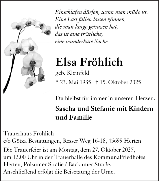 Traueranzeige von Elsa Fröhlich von Trauer Vest
