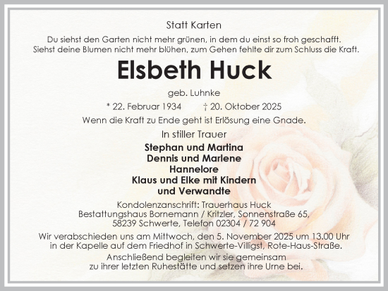 Traueranzeige von Elsbeth Huck von Ruhr Nachrichten