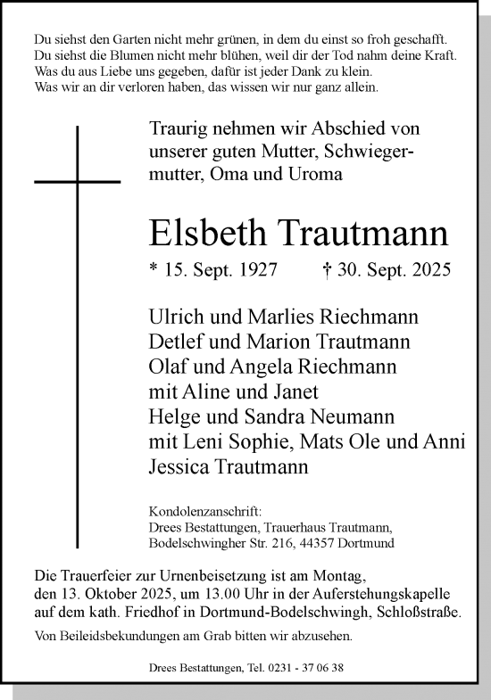 Traueranzeige von Elsbeth Trautmann von Ruhr Nachrichten