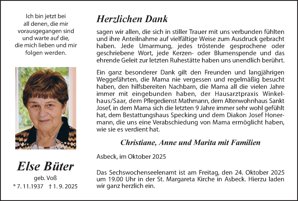  Traueranzeige für Else Büter vom 22.10.2025 aus Münsterland Zeitung