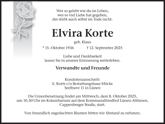 Traueranzeige von Elvira Korte von Lüner Anzeiger