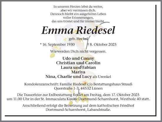 Traueranzeige von Emma Riedesel von Ruhr Nachrichten