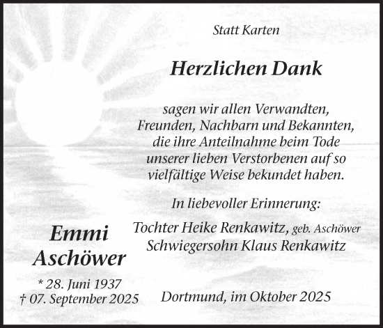 Traueranzeige von Emmi Aschöwer von Ruhr Nachrichten