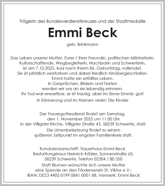 Traueranzeige von Emmi Beck von Ruhr Nachrichten