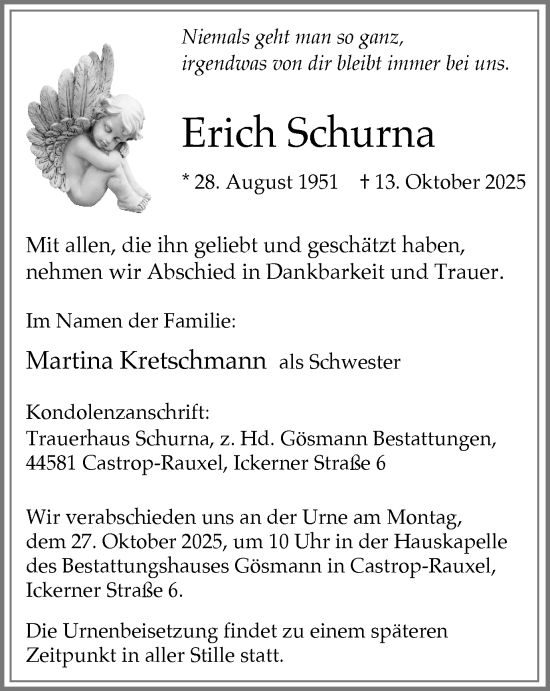 Traueranzeige von Erich Schurna von Stadtanzeiger Castrop-Rauxel