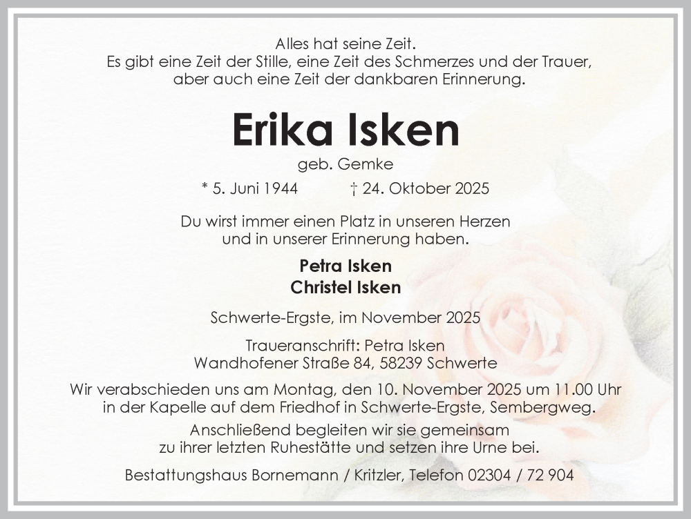  Traueranzeige für Erika Isken vom 01.11.2025 aus Ruhr Nachrichten