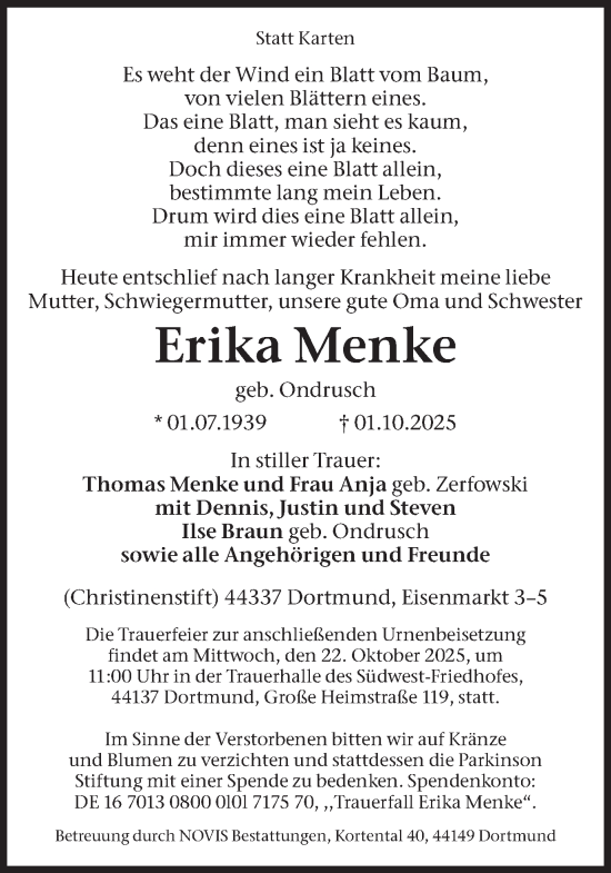 Traueranzeige von Erika Menke von Ruhr Nachrichten
