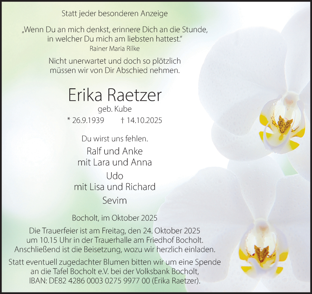  Traueranzeige für Erika Raetzer vom 18.10.2025 aus 