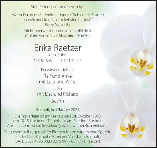 Traueranzeige von Erika Raetzer 
