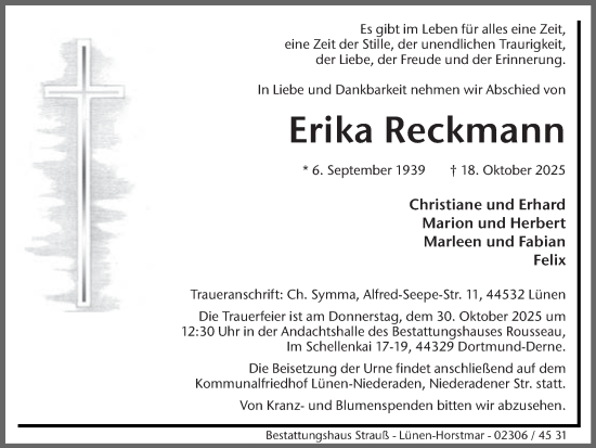Traueranzeige von Erika Reckmann von Lüner Anzeiger